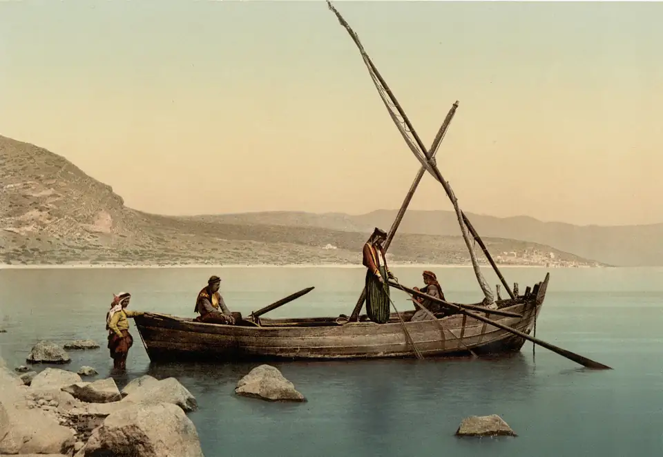 A fishing boat on the Sea of Galilee, about 1895