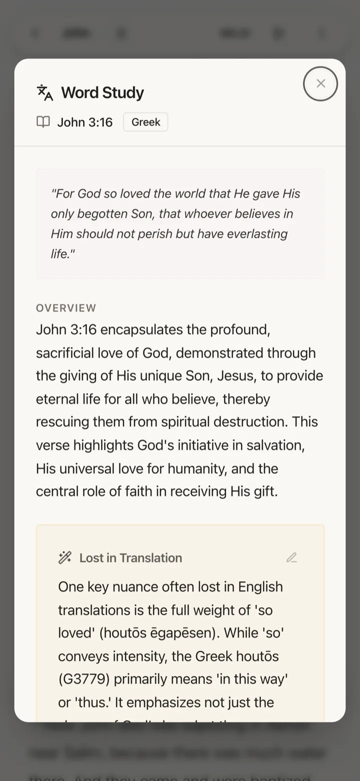 The Word Study panel open on John 3:16, showing the Greek overview and a 'Lost in Translation' note on houtōs ēgapēsen.